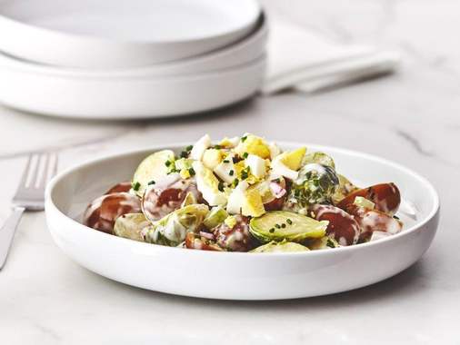 Warm potato and Brussels sprout salad